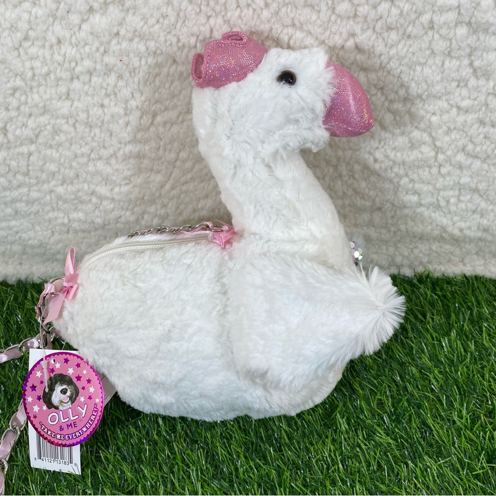 Olly & Me Girls White and Pink Plush Sequins Swan Zipper Purse with Ribbon Strap